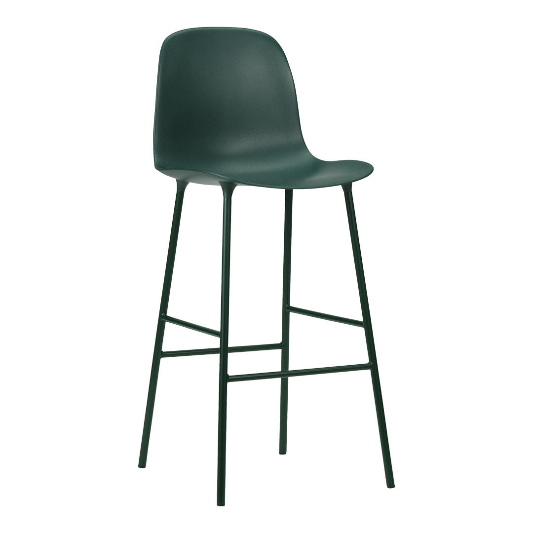 Green molded plastic bar stool with a sleek design and minimalist black metal legs. Perfect for modern home decor.