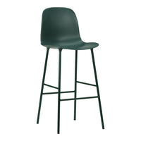 Green molded plastic bar stool with a sleek design and minimalist black metal legs. Perfect for modern home decor.