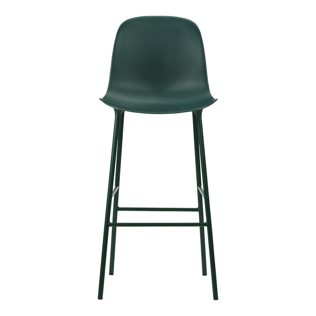 Green modern barstool with a sleek design and minimalist pattern on a black metal frame.