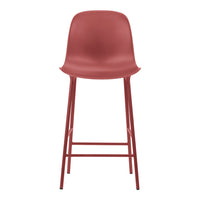 Modern red bar stool with a smooth, solid finish and sleek metal legs. Perfect for any contemporary setting.