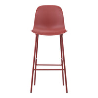 Red modern bar stool with a sleek, smooth surface and minimalist design, featuring a sturdy metal frame.