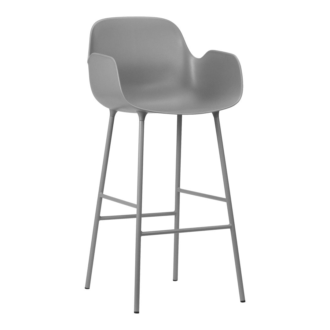 Light gray bar stool with a sleek design and smooth finish, featuring a minimalist aesthetic and sturdy metal legs.