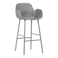 Light gray bar stool with a sleek design and smooth finish, featuring a minimalist aesthetic and sturdy metal legs.