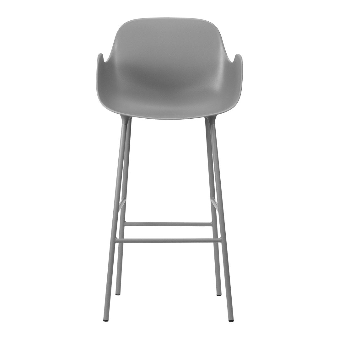 Gray modern bar stool with a smooth finish and minimalist design, featuring sleek metal legs.