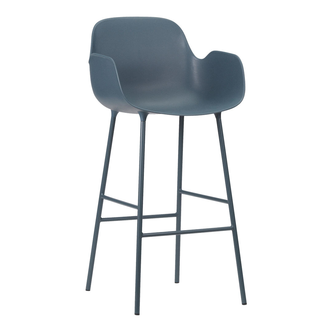 Gray modern bar stool with smooth curves and a minimalist design, featuring a sleek metal base. Perfect for contemporary spaces.