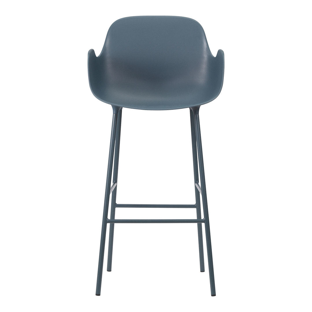 Contemporary dark teal bar stool with smooth, curved seat and sleek metal legs, perfect for modern decor.