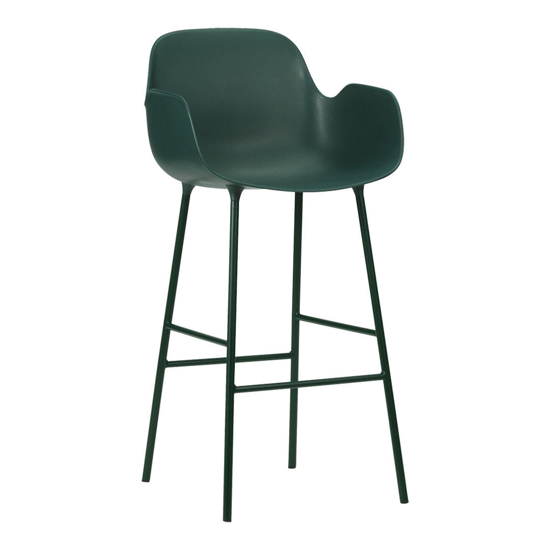 Green plastic bar stool with a sleek design and minimalist metal legs, perfect for modern interiors.