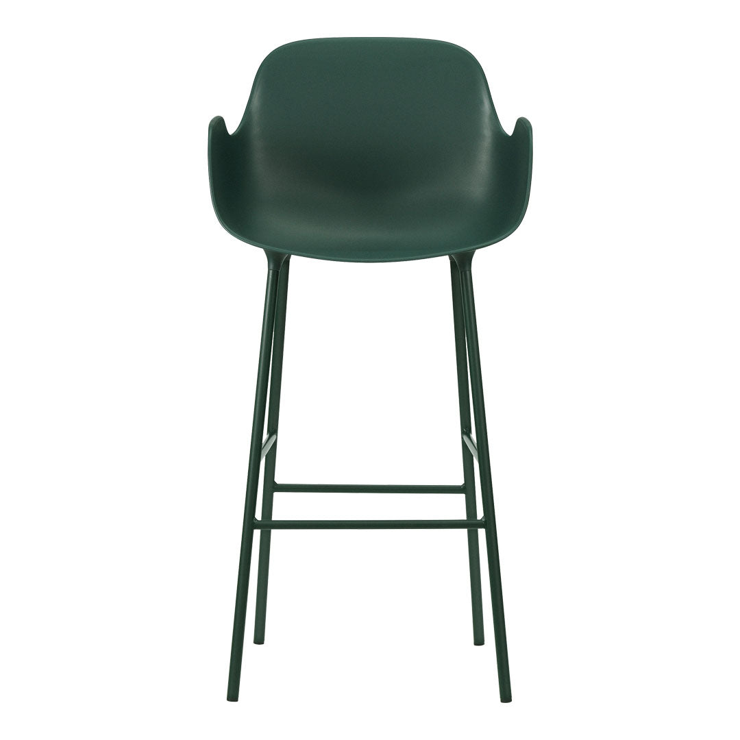 Green bar stool with a smooth, minimalist design and subtle curves, featuring sleek metal legs for modern style.