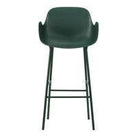 Green bar stool with a smooth, minimalist design and subtle curves, featuring sleek metal legs for modern style.