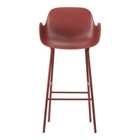 Rust red modern bar stool with a sleek, curved seat and minimalistic metal legs. Ideal for contemporary spaces.