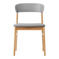 Gray upholstered chair with a light gray backrest and natural wood legs, featuring a simple, modern design.