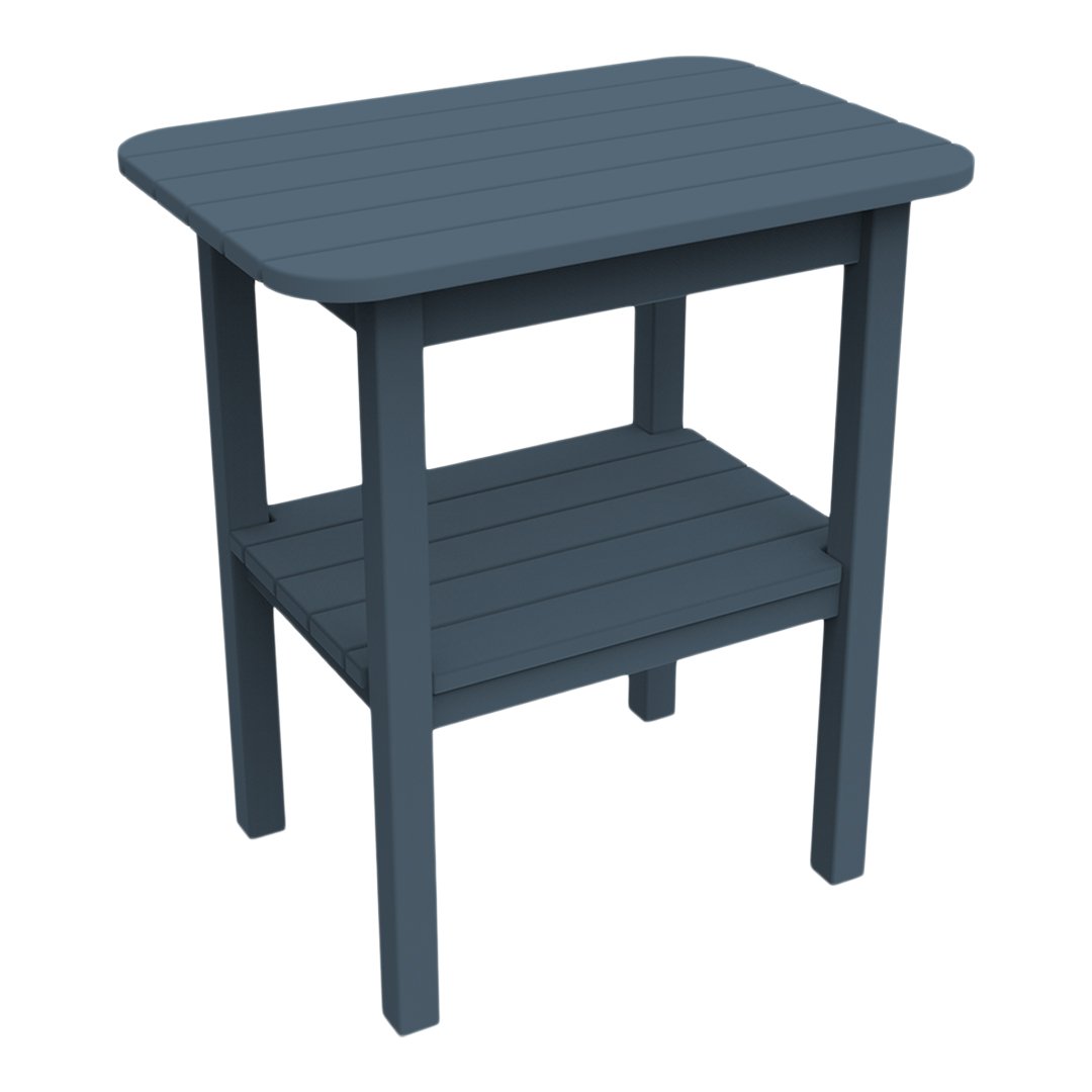 Blue wooden side table with a slatted design and a lower shelf for extra storage. Perfect for modern decor.