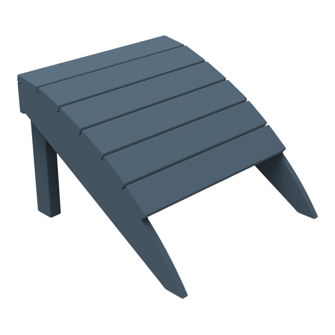 Slate blue wooden footrest with slatted design, perfect for outdoor seating. Durable and stylish addition to any patio.