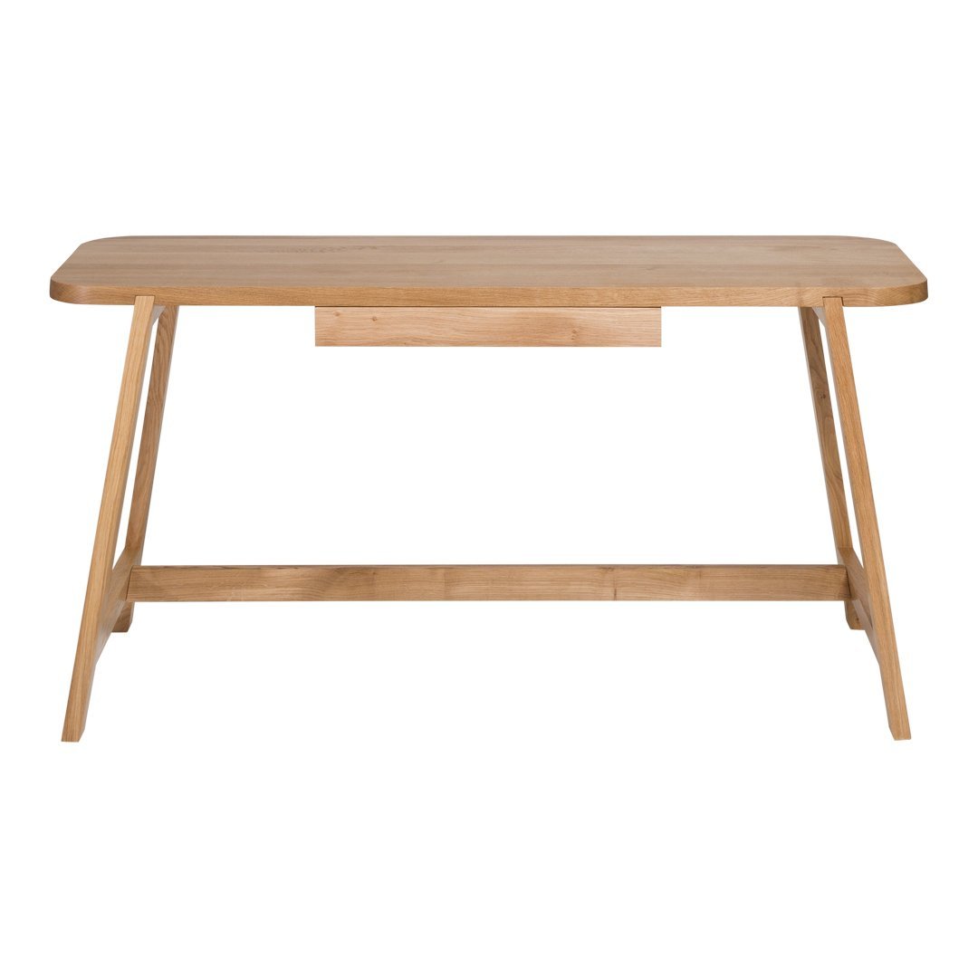 Natural wood finish desk with smooth edges and minimalist design, showcasing light tan and beige hues.