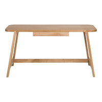 Natural wood finish desk with smooth edges and minimalist design, showcasing light tan and beige hues.