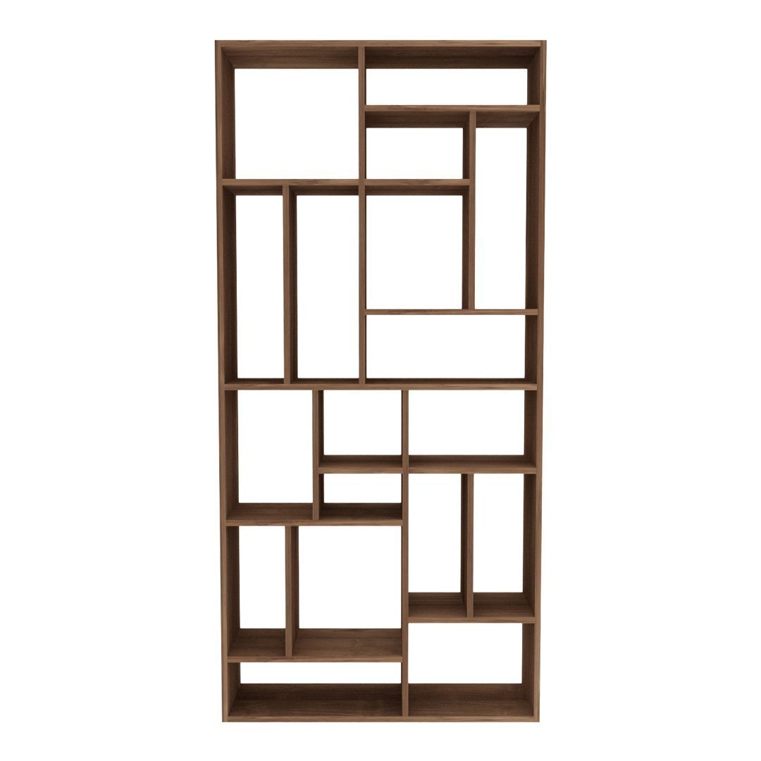 Modern wooden bookshelf with a geometric pattern in warm brown tones, featuring various sized open compartments.
