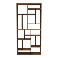 Modern wooden bookshelf with a geometric pattern in warm brown tones, featuring various sized open compartments.