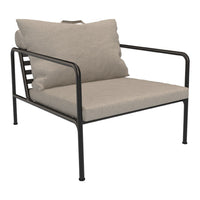 Neutral beige fabric cushions on a sleek black metal frame, creating a modern, minimalist look.