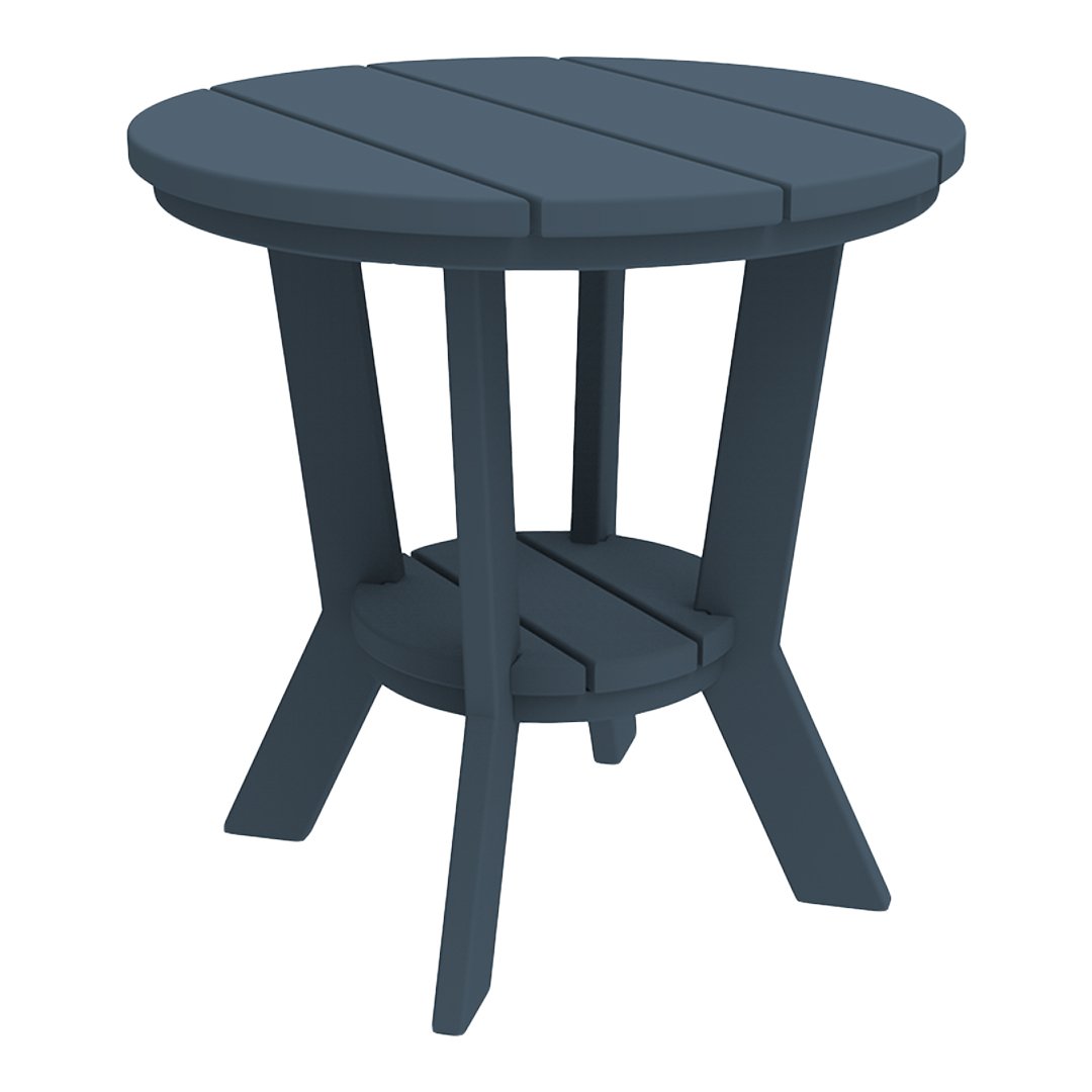 Round navy blue accent table with slatted top and cross legs, perfect for outdoor or indoor use.