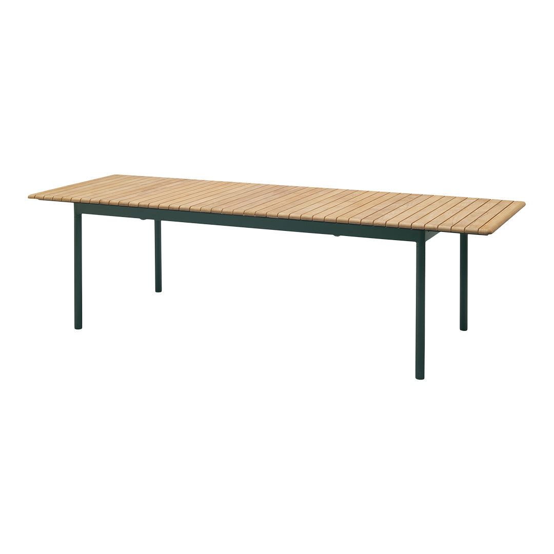 Rectangular table with a light wood slatted top and dark green metal legs, perfect for outdoor settings.