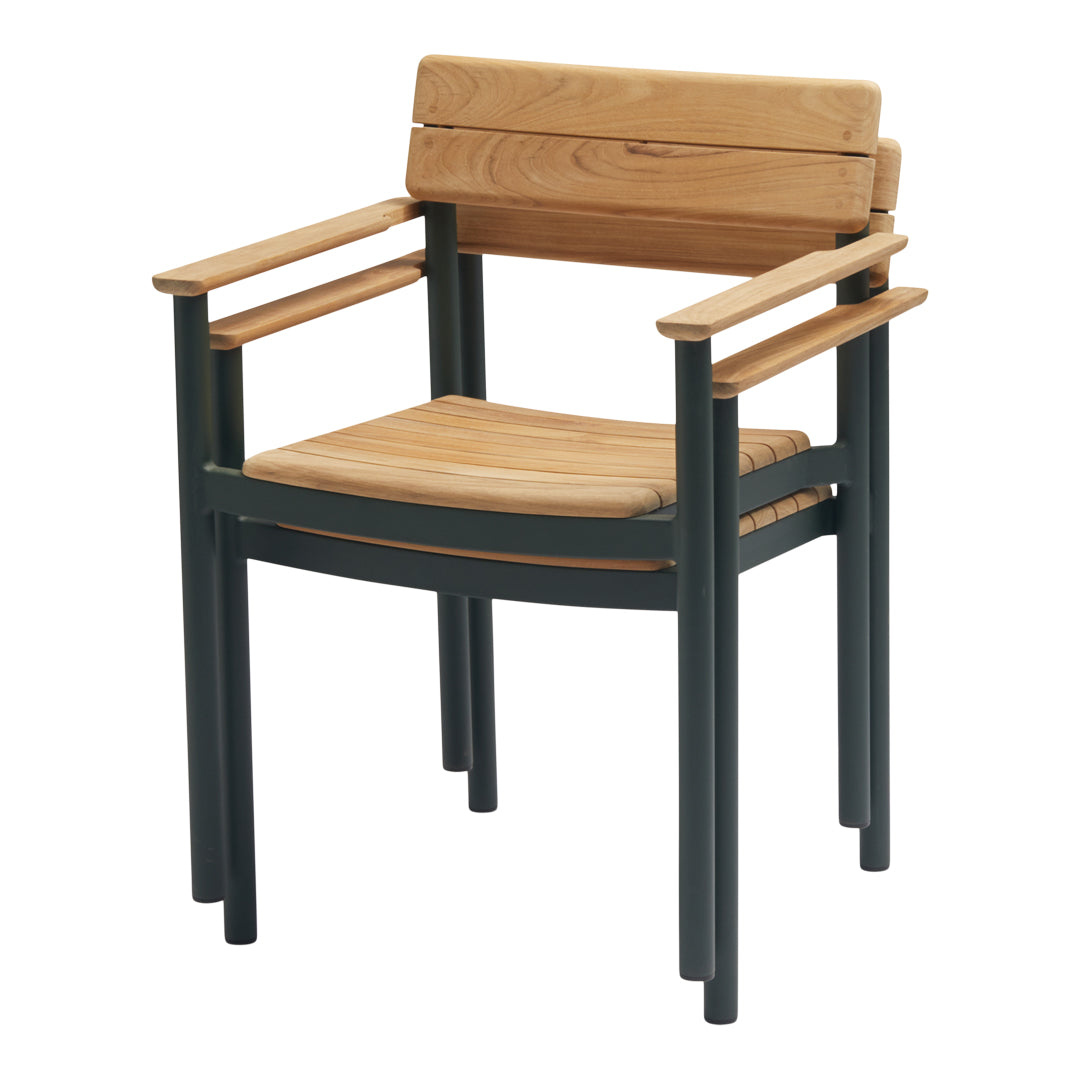 Natural wood chair with a light wooden seat and back, paired with dark green legs and armrests. Simple, modern design.