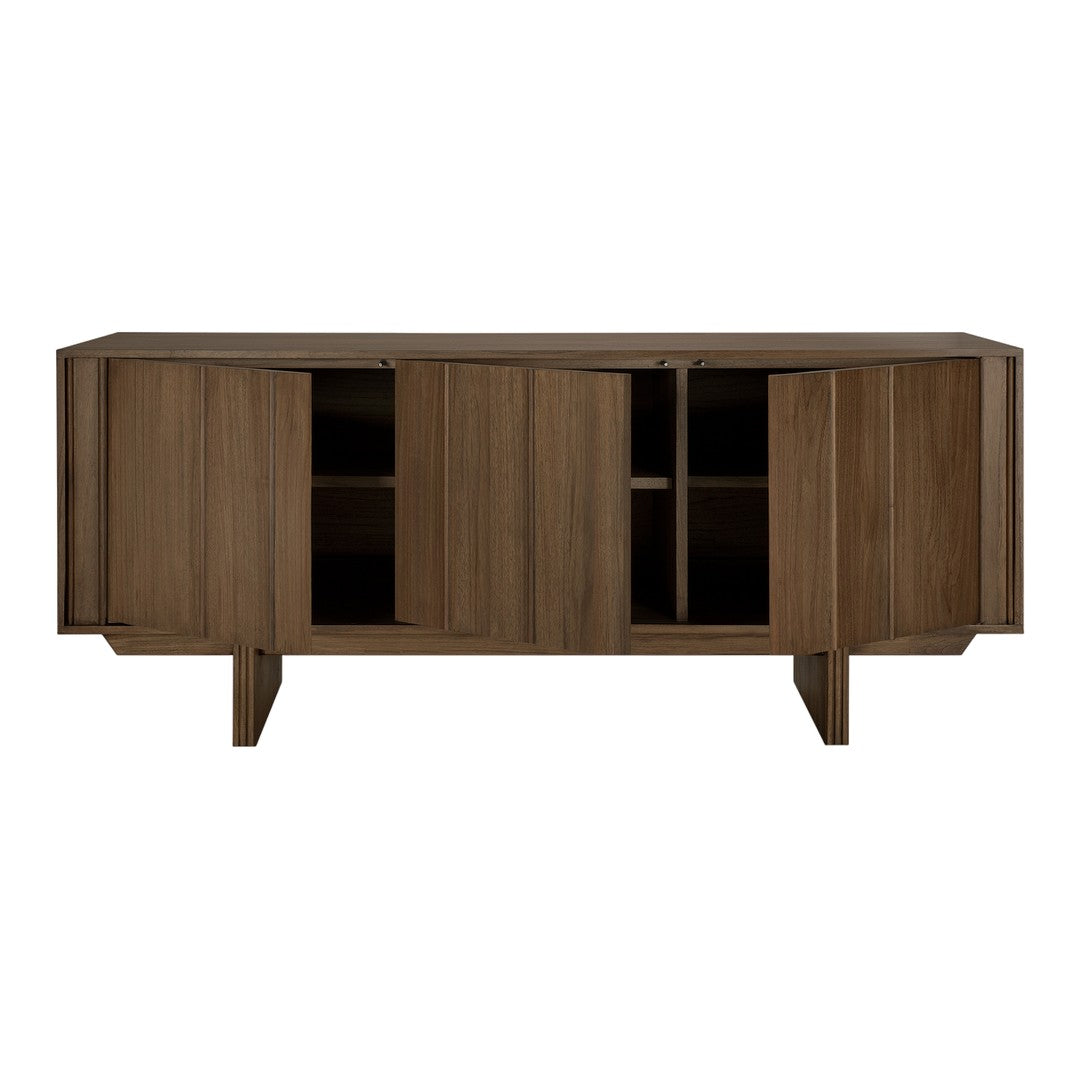 Brown wooden sideboard with a sleek design and natural grain pattern. Features four spacious compartments.