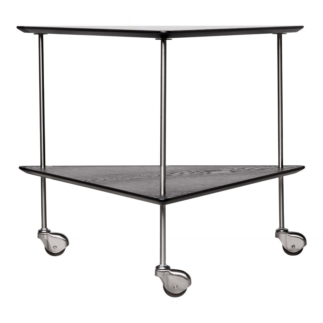 Black metal corner cart with a textured surface and shiny chrome accents, featuring a minimalist design on wheels.