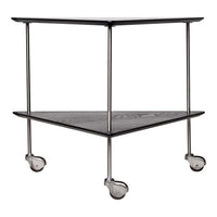 Black metal corner cart with a textured surface and shiny chrome accents, featuring a minimalist design on wheels.