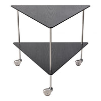 Black triangular shelves with a sleek design and metallic accents, featuring a modern minimalist aesthetic.