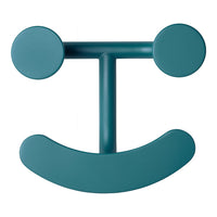 Teal wall hook with rounded edges and a playful, minimalist design, featuring a smiling face shape.