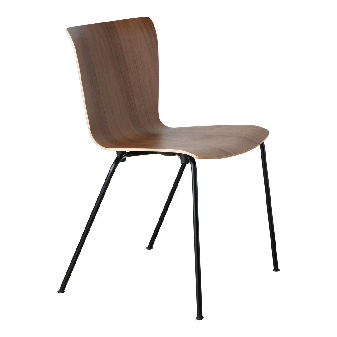 Sleek walnut wood chair with smooth curves and contrasting black metal legs, offering a modern aesthetic.