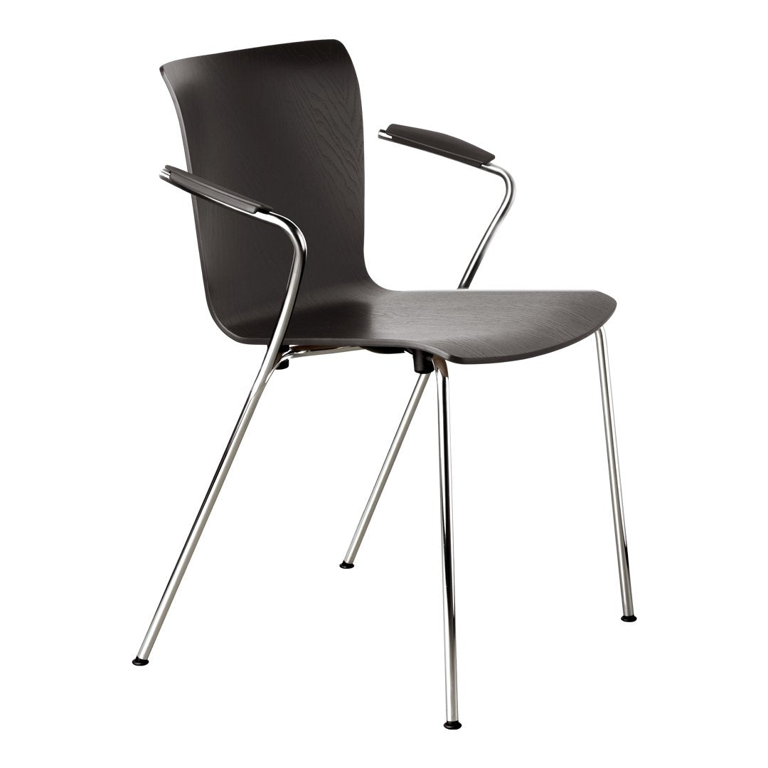 Stylish dark gray chair with sleek chrome legs and minimalistic design. Perfect for contemporary spaces.