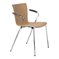 Light wood chair with a smooth finish, featuring chrome legs and dark armrests for a modern, minimalist look.