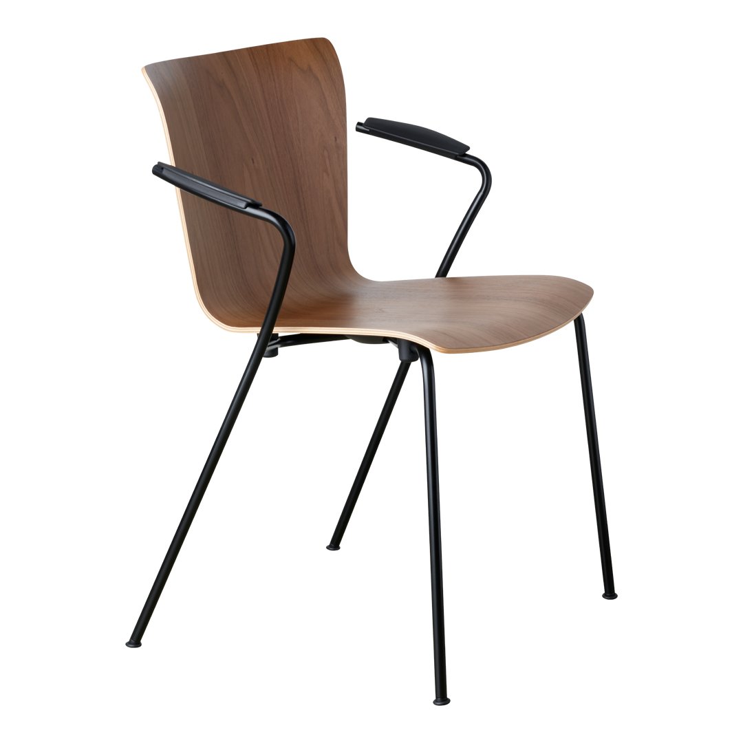 Modern chair featuring a warm wood finish and sleek black metal legs, combining minimalist design with natural tones.