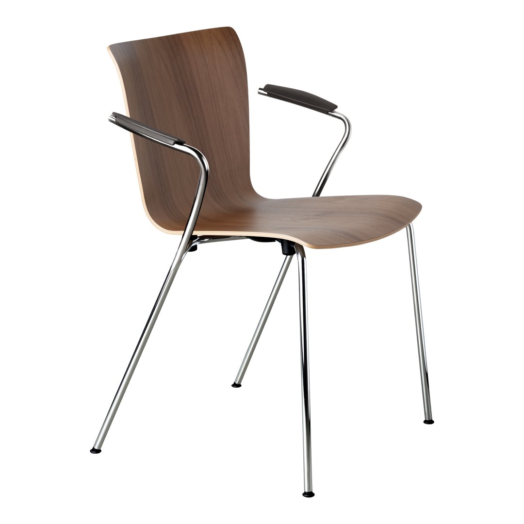 Brown wooden chair with sleek chrome legs and armrests, featuring a smooth, minimalist design.