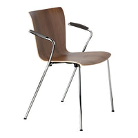 Brown wooden chair with sleek chrome legs and armrests, featuring a smooth, minimalist design.