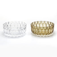 "Clear and gold honeycomb-patterned bowls, showcasing intricate designs and elegant color contrasts."