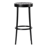 Black metal bar stool with a circular, perforated seat design and sleek, minimalist legs. Perfect for modern spaces.