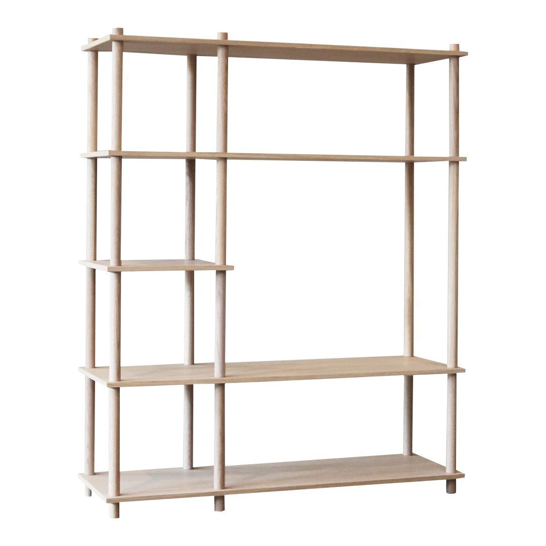 Natural wood shelving unit with light tones and minimalist design, featuring open space and clean lines.