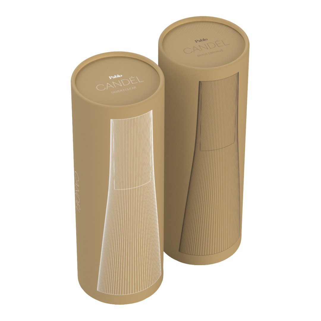 Round packaging in beige with subtle textured patterns, featuring a modern design on two cylinders.