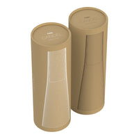 Round packaging in beige with subtle textured patterns, featuring a modern design on two cylinders.
