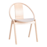Modern wooden chair with a light natural finish and a soft gray cushion, featuring sleek, minimalist design.