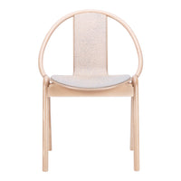 Light wood chair with a rounded backrest and a soft gray patterned seat, perfect for modern decor.