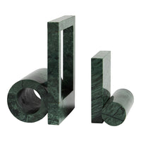 Green marble bookend set showcasing sleek geometric shapes with polished surfaces and subtle natural veining.