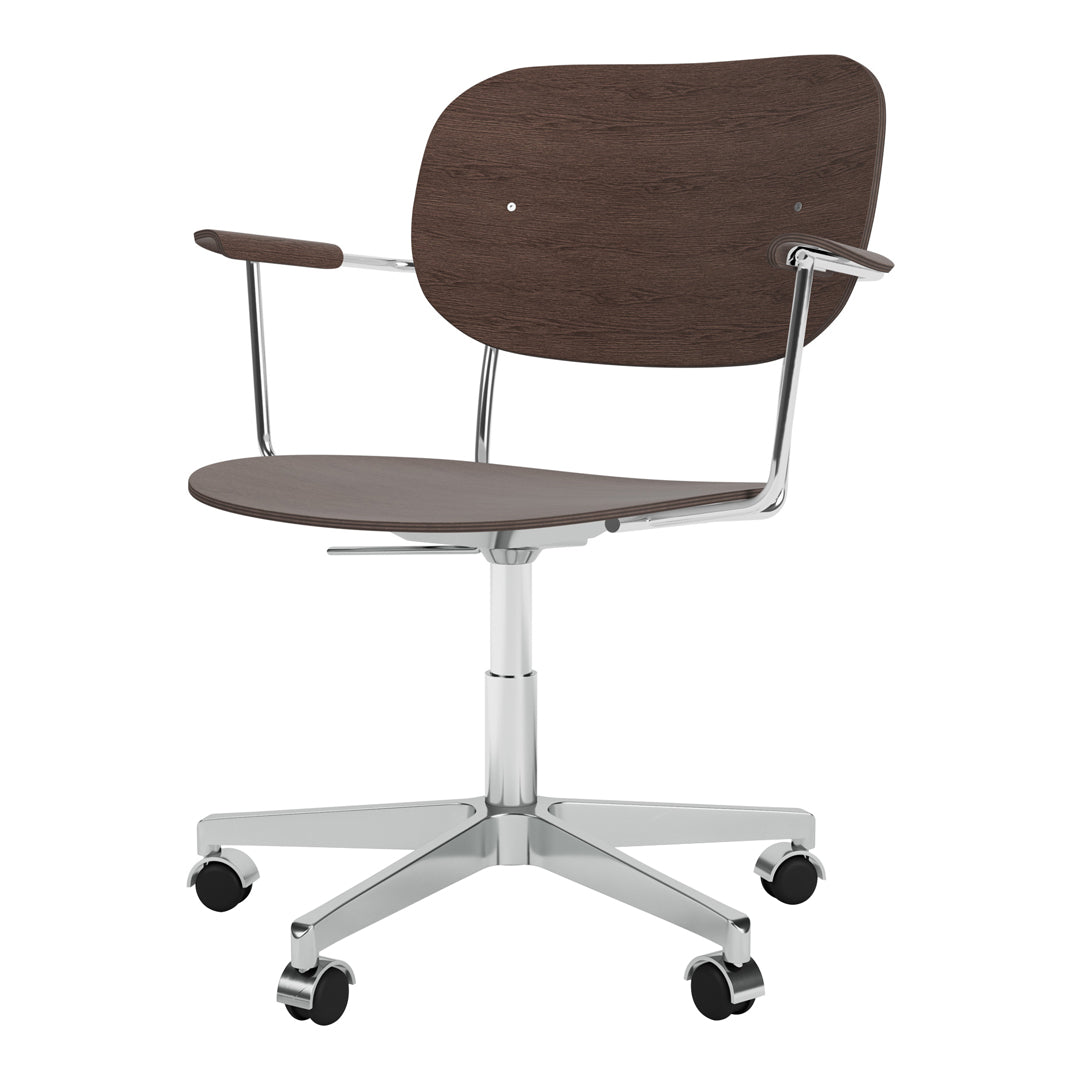 Brown wood pattern chair with chrome accents and a minimalist design, featuring a sleek, modern style.