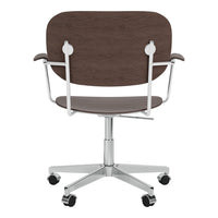 Brown wooden backrest and seat with chrome accents on a swivel base, featuring a sleek, modern design.