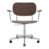 Modern swivel chair with a dark wood finish and sleek silver metallic base, featuring minimalist design and clean lines.