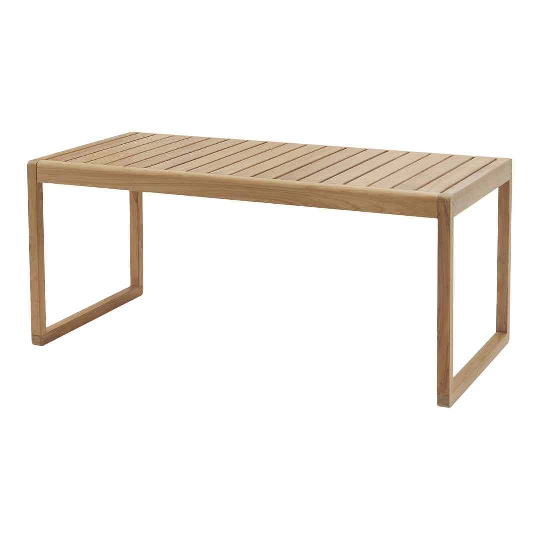 Natural wood coffee table with a slatted top design, featuring a light oak finish and minimalistic, modern lines.