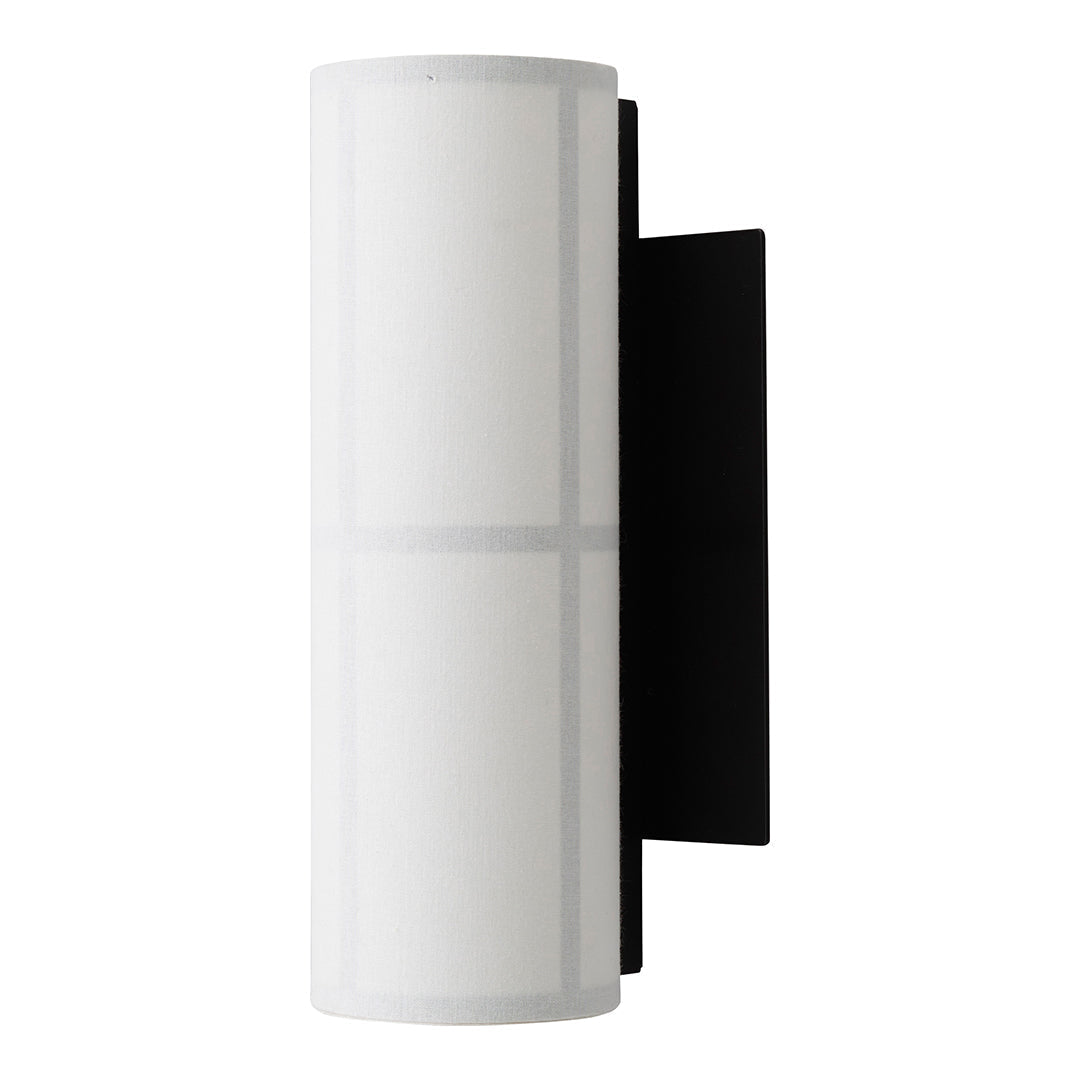 Sleek black wall light fixture with a minimalist white cylindrical shade. Modern design with clean lines and subtle patterns.