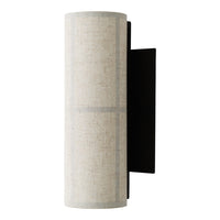 Beige textured cylindrical lamp shade with a sleek black mounting bracket, featuring subtle grey lines.